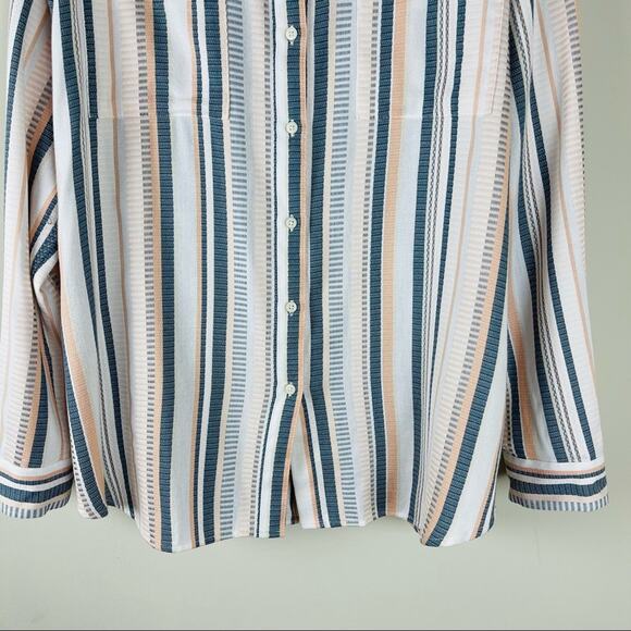 Loft blue white peach striped coastal textured button front shirt top - Picture 3 of 7